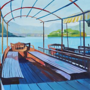 Bled, sétahajók a tavon  /festmény reprodukció, vászonkép/